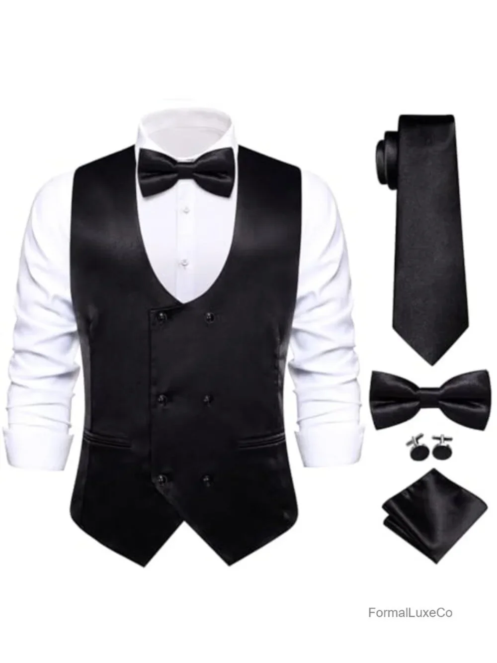 Satin Double Breasted Suit Vest Set with Tie, Bowtie, Pocket Square, Cufflinks